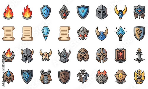 Fantasy Game Icons Collection Shields, Helmets, Potions, and Scrolls for RPGs and Strategy Games