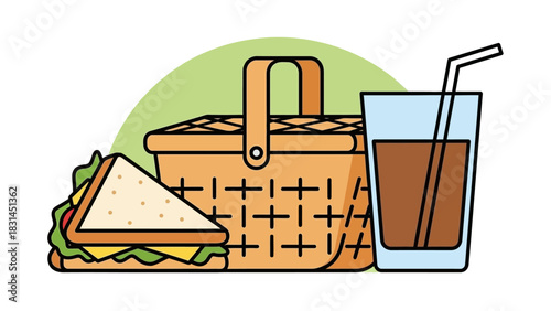 Picnic Basket, Sandwich, and Drink A Vector Illustration of an Outdoor Meal