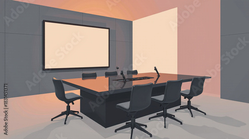 Modern conference room with large screen and dark table