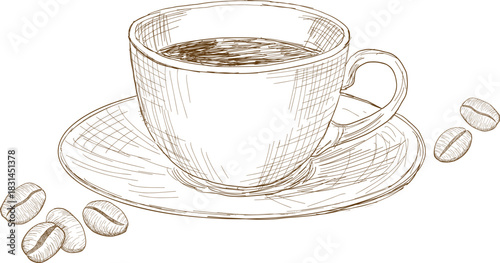 コーヒーカップとコーヒー豆のレトロな手書きペン画