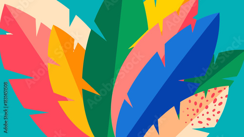 Vibrant tropical leaves in a lively abstract pattern, showcasing bold colors and a lively, energetic design