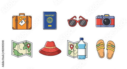 Travel and vacation essentials suitcase passport sunglasses and camera icons