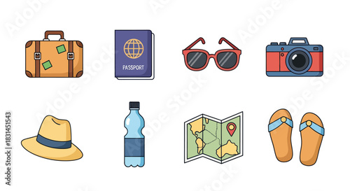 Travel and vacation icons set suitcase passport sunglasses camera