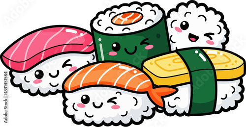 Cute Kawaii Sushi Characters with Happy Faces.