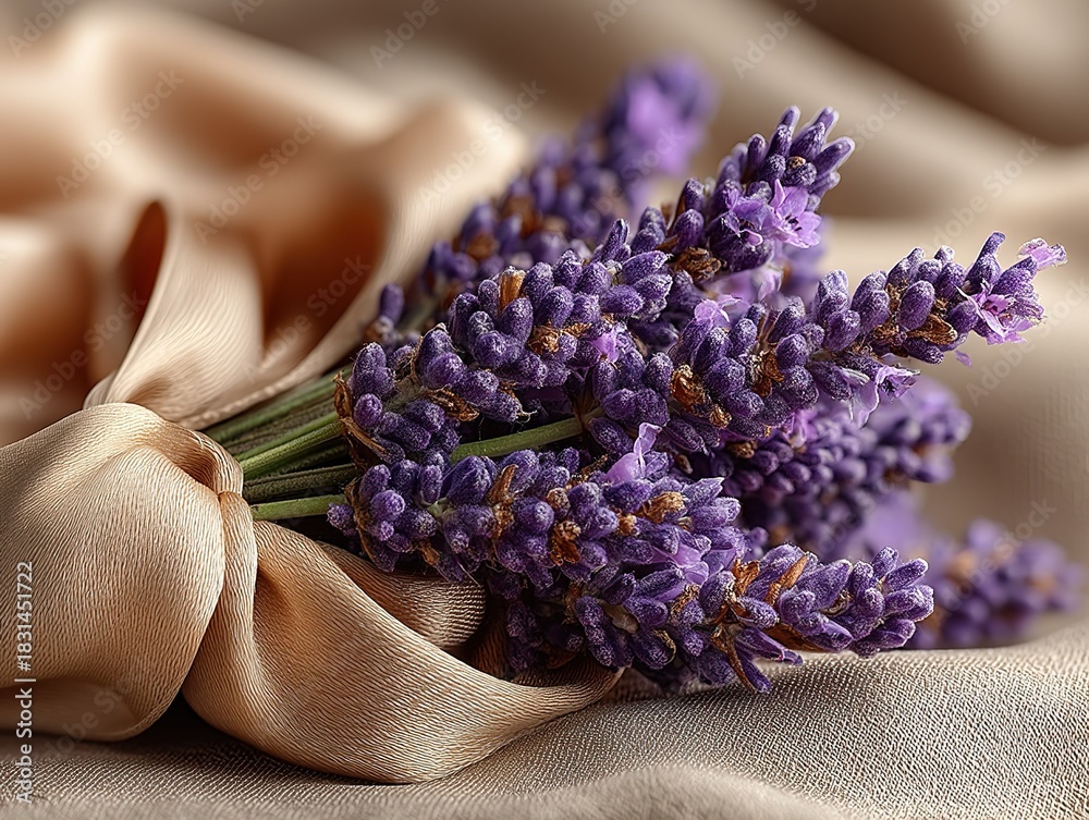 Fototapeta premium Lavender Bundle With Silk Ribbon In Minimal Luxury Background