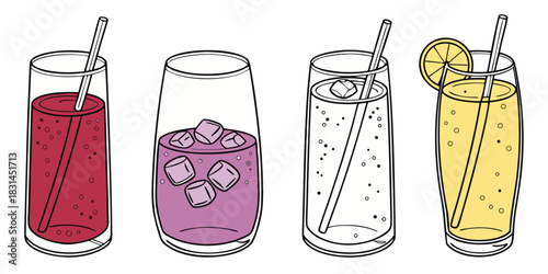 Four refreshing summer drinks with straws and ice cubes in tall glasses vector art