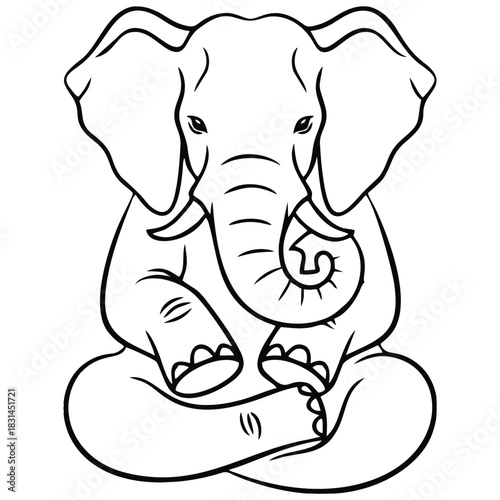 A cute cartoon elephant is drawn sitting cross-legged in a zen-like lotus position in a minimalist line art style. This playful image evokes mindfulness, relaxation, and the endearing nature of animal