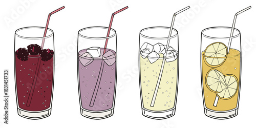 Four refreshing summer drinks with berries ice cubes and lemon slices