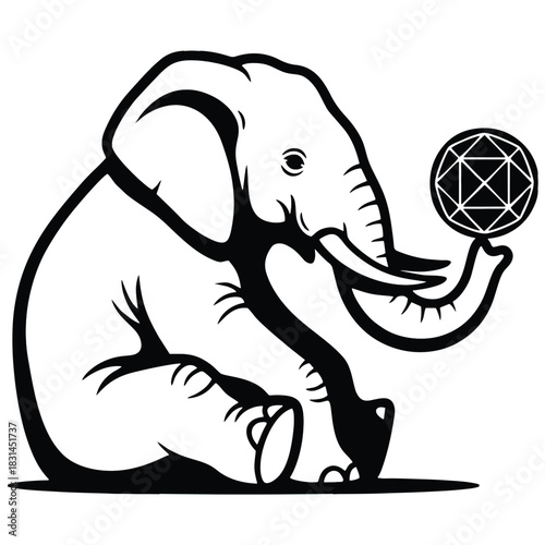 This whimsical illustration features a baby elephant sitting and balancing a faceted gem on its trunk, crafted in bold black and white linework. Ideal for children's books, jewelry promotions, or imag