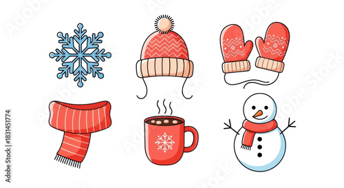 Winter season icons set snowflake hat mittens scarf mug snowman