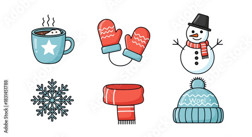 Winter season icons set snowflake snowman mittens hat scarf and drink