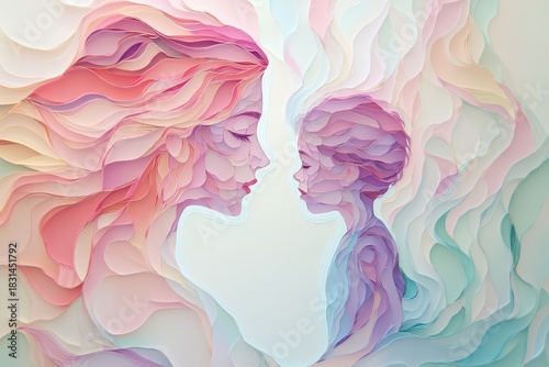 Ethereal profiles of a woman and child blend into delicate, layered shapes