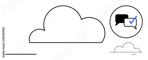 Large cloud outline with black and white speech bubbles featuring a checklist inside. Ideal for communication, data management, cloud services, teamwork, organization, digital planning, simple flat