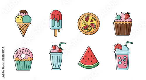 Colorful dessert icons ice cream pastries drinks and sweet treats on white