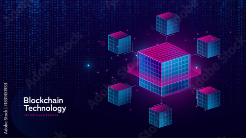 Blockchain Network With Connected Digital Cubes Representing Data Security, Decentralization, And Modern Fintech Technology. Vector Illustration.
