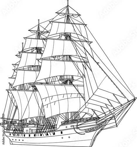 Detailed Line Art Illustration of a Tall Sailing Ship