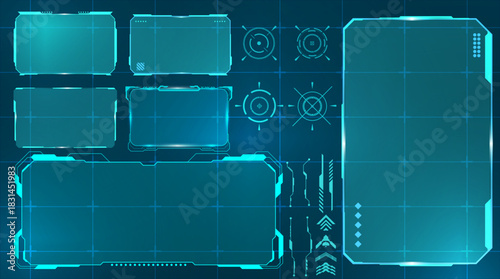 Futuristic tech boxes and HUD-style blue callout frames.