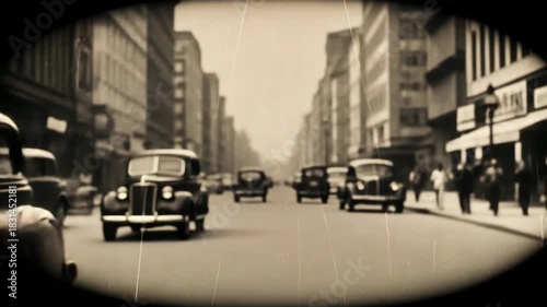 Vintage cars driving down a sepia toned city street