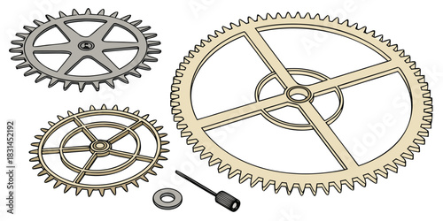 Assorted watch parts including gears a washer and a winding stem on white