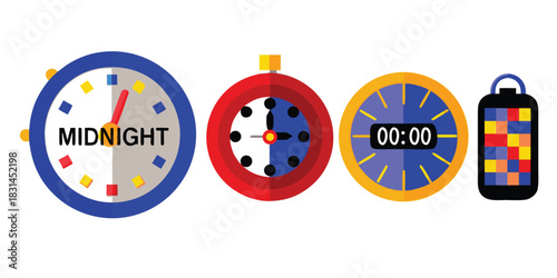 Clocks showing midnight and zero time with a colorful lantern illustration