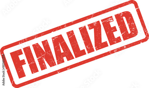 Distressed red finalized stamp angled against the white background shows final approval and completion