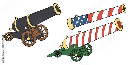 Three cannons one black one with stars and one with red and white stripes