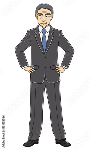 ニヤニヤしながら腰に手をあてて立つスーツの中男男性