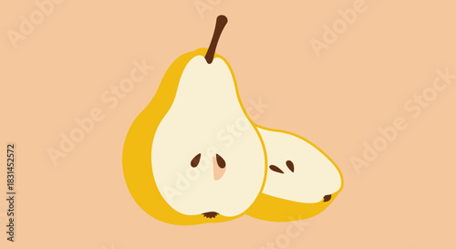 A vibrant illustration of a halved yellow pear with seeds visible, set against a warm peachy background