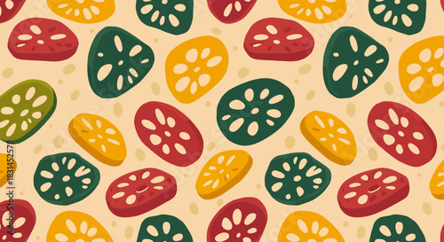 Artistic illustration of a seamless vegetable pattern with colorful renkon or lotus root slices for a modern kitchen design