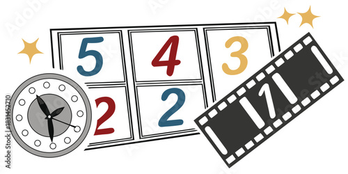 Countdown with numbers five four three two and one with clock and film strip