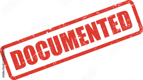 Red documented grunge stamp angled on a white backdrop indicating verification and approval for official use