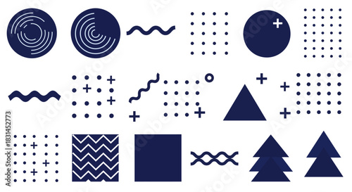 Modern collection of abstract geometric shapes and minimalist patterns for creative graphic design projects, featuring diverse vector elements in a clean, contemporary style