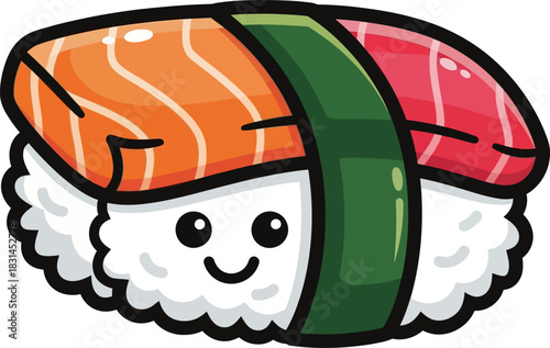 Cute cartoon sushi with salmon and tuna toppings.