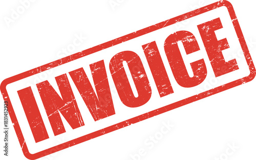 Red rectangular invoice stamp shows grunge texture, conveying official mark and weathered effect, transparent background