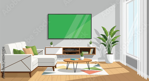 Living room with a green screen tv, white couch, coffee table, and a large plant near the window