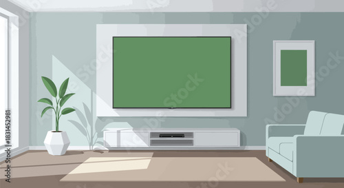 Illustration of a modern living room with a large green screen tv and a plant near the window