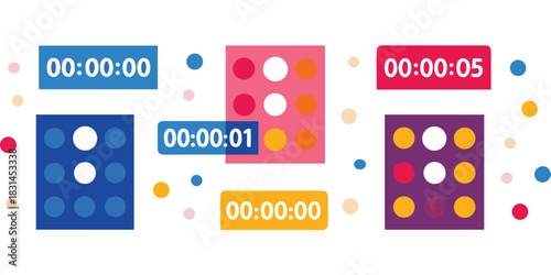 Colorful graphic design featuring timers and geometric shapes on a white background