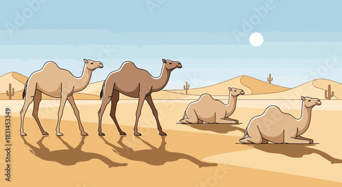 Camels in desert landscape with sun and sand dunes