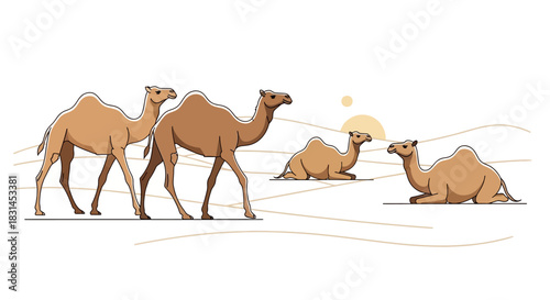 Camels resting in desert landscape