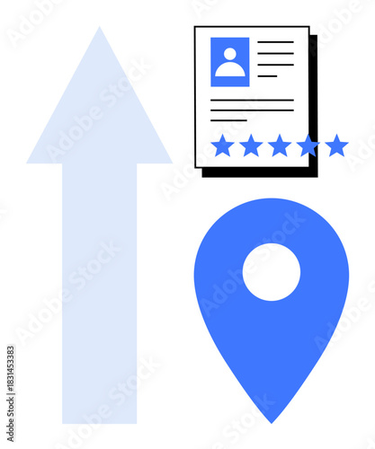 User profile document rated with stars, blue location pin, and upward arrow concept. Ideal for career growth, performance analysis, recruitment, reviews, navigation, achievements innovation