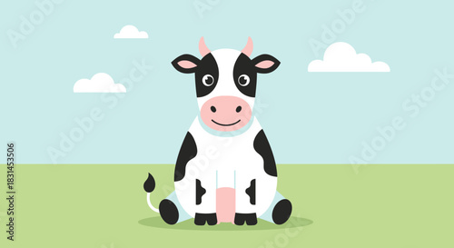 Happy cow in a field with fluffy clouds