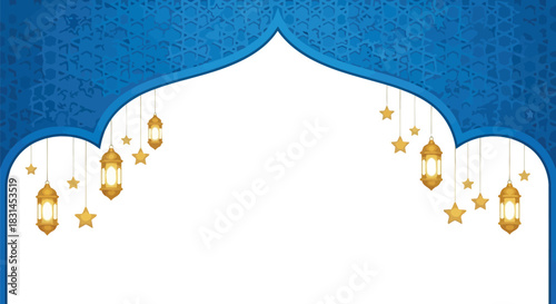 Islamic blue archway with hanging golden lanterns and stars on a patterned background for ramadan or eid celebrations