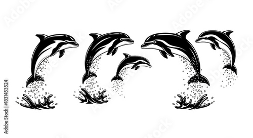 Jumping dolphins in ocean with transparent background