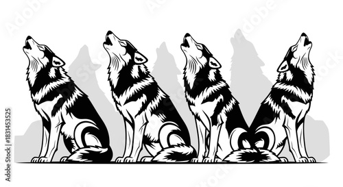 Howling wolves on mountain ridge with transparent background