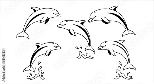 Jumping dolphins outline art for marine life designs