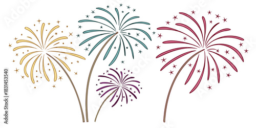 Festive fireworks display with gold teal purple and red on a white background