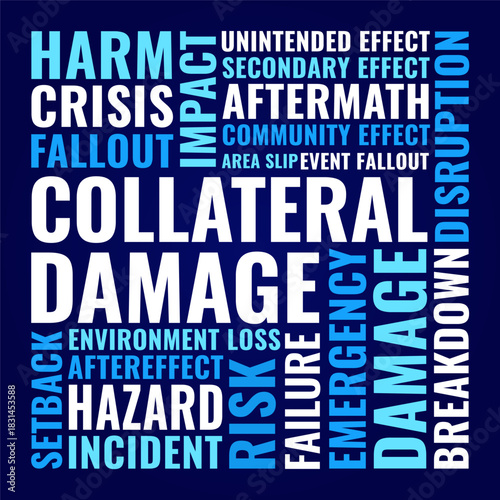 Collateral Damage Word Cloud, Disaster Crisis Risk Tag Cloud. Navy Blue Emergency Typography Square