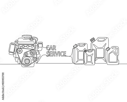 Continuous line drawing of car service vector with engine and oil canisters