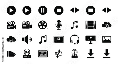 Collection of media player and streaming icons for various multimedia applications.