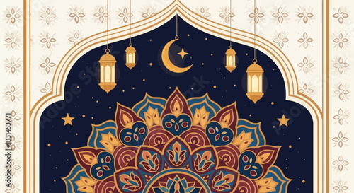 Beautiful islamic archway with a crescent moon, star, and hanging lanterns against a starry night sky and ornate mandala pattern